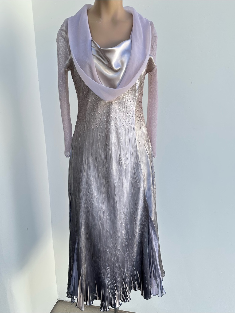 Komarov Nude Grey to Silver Ombre Cowl Neck Long Sleeve Dress